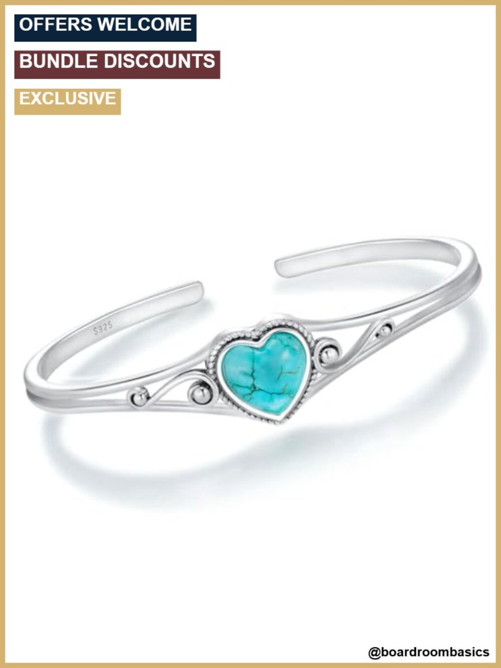 Genuine Turquoise Sterling Silver Heart Bangle Adjustable Cuff Bracelet